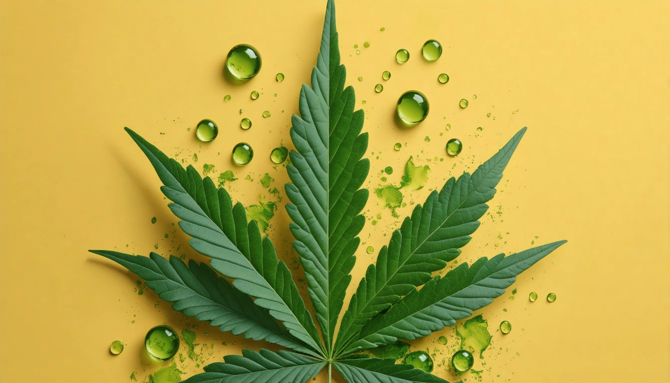 Green leaf with serrated edges on yellow background, surrounded by green droplets and powder
