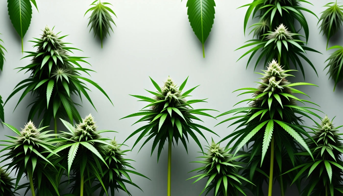 Green spiky plants with pointed leaves and buds against a light gray background, one leaf floating above