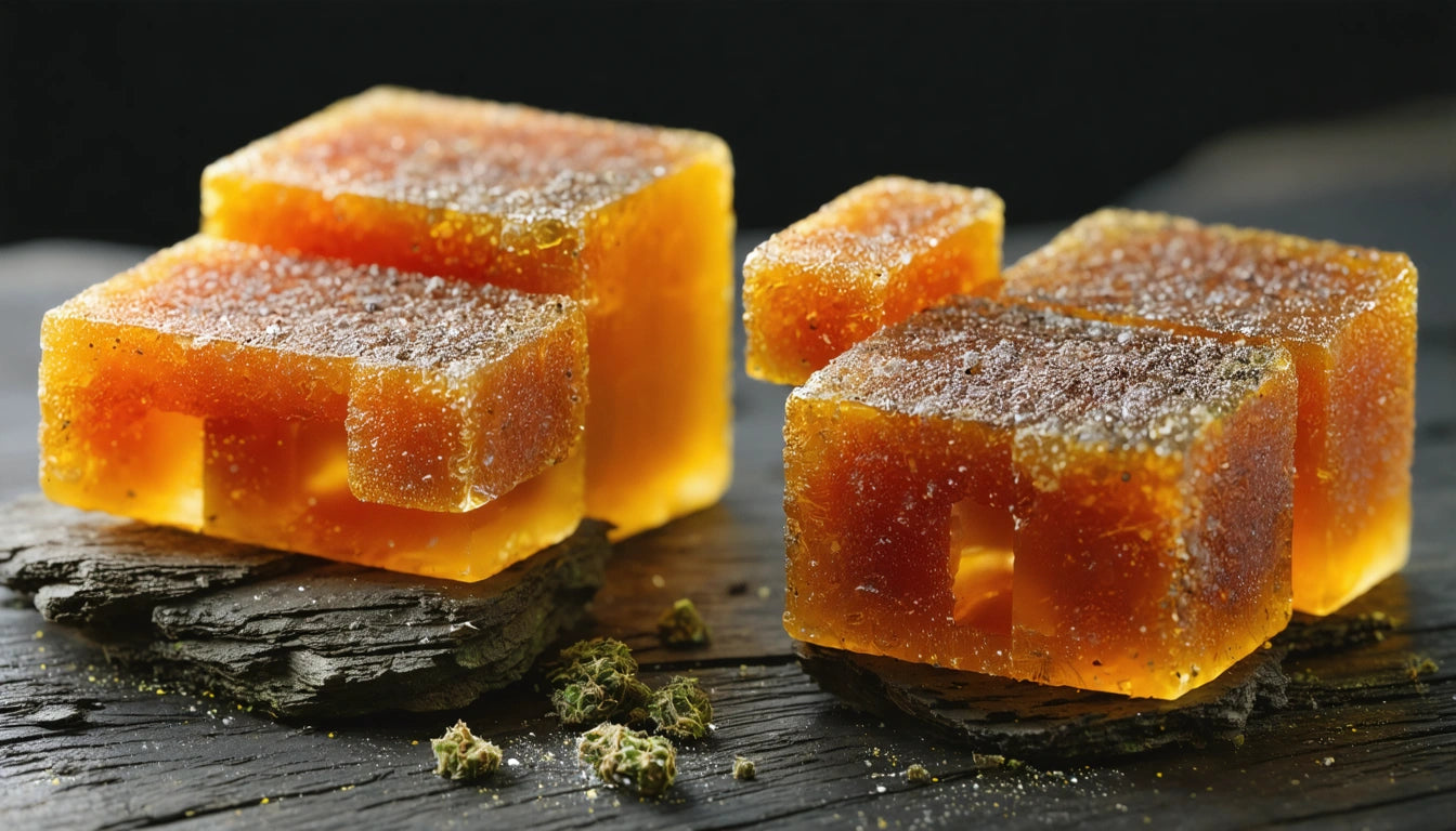 Translucent amber-colored cubes with sugar coating on dark wooden surface, surrounded by small green plant pieces