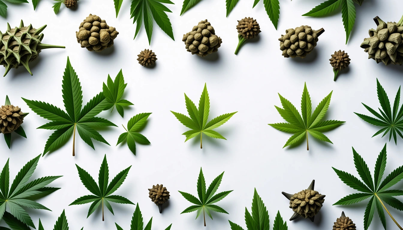Green leaves and pinecone-like objects scattered on a white background