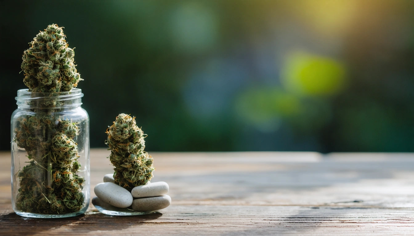 Glass jar filled with green buds on wooden surface, next to stacked stones and a single bud, blurred green background