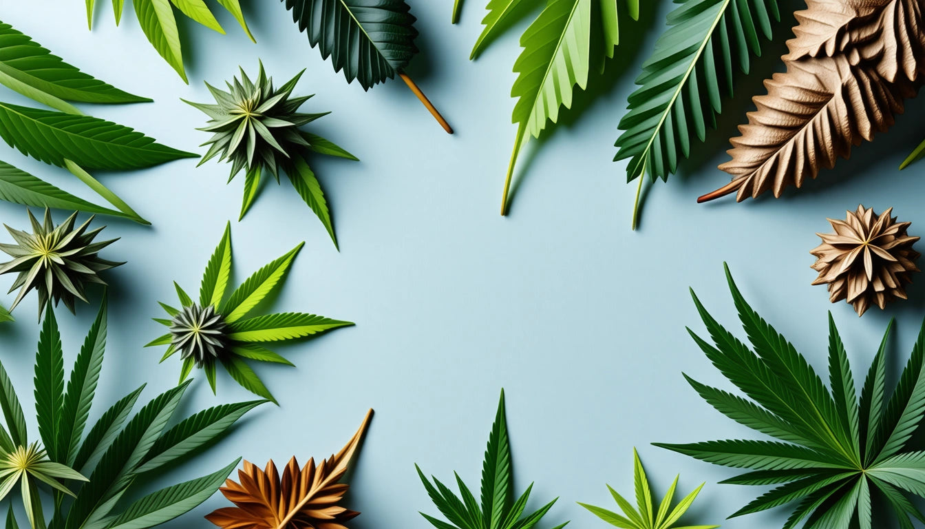 Various green and brown leaves arranged in a circle on a light blue background