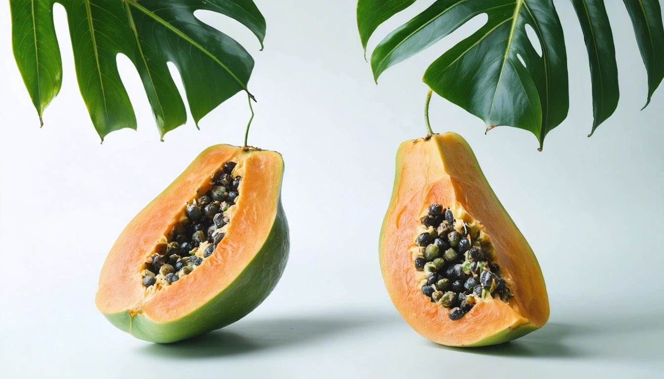 Two halved papayas with black seeds, surrounded by large green leaves against a light background