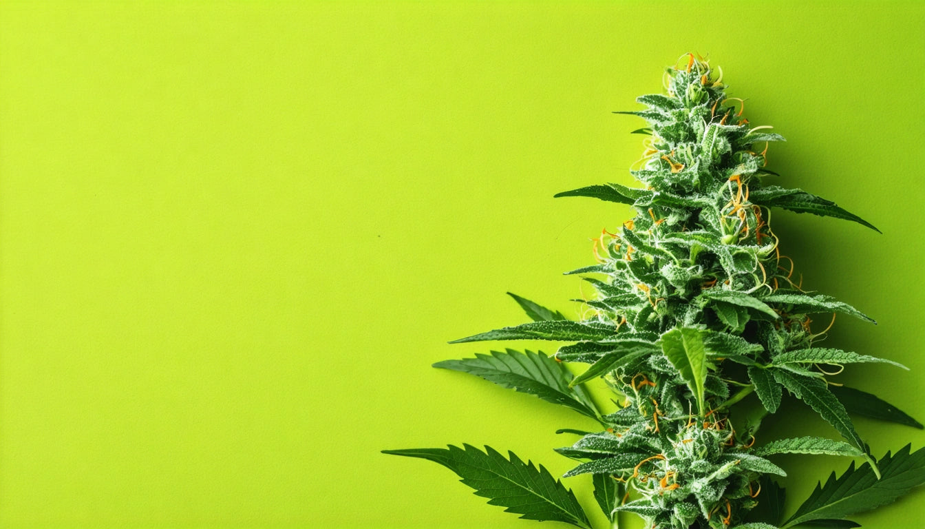 Green plant with spiky leaves and orange-tipped buds against a bright lime green background