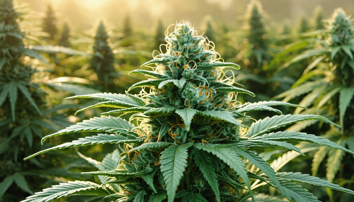 Close-up of a green plant with pointed leaves and dense clusters, set against a blurred background of similar plants in sunlight