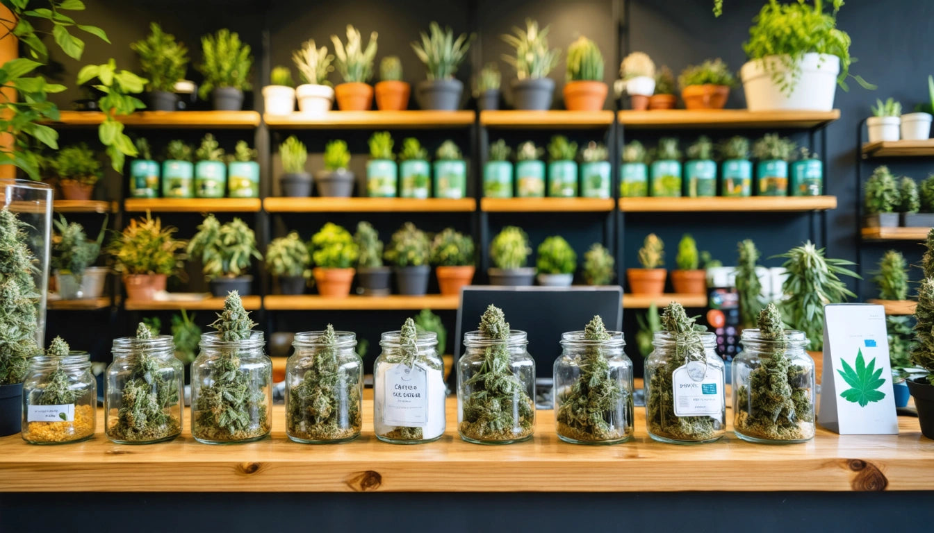 Jars filled with green herbs on a wooden counter, shelves with potted plants in the background