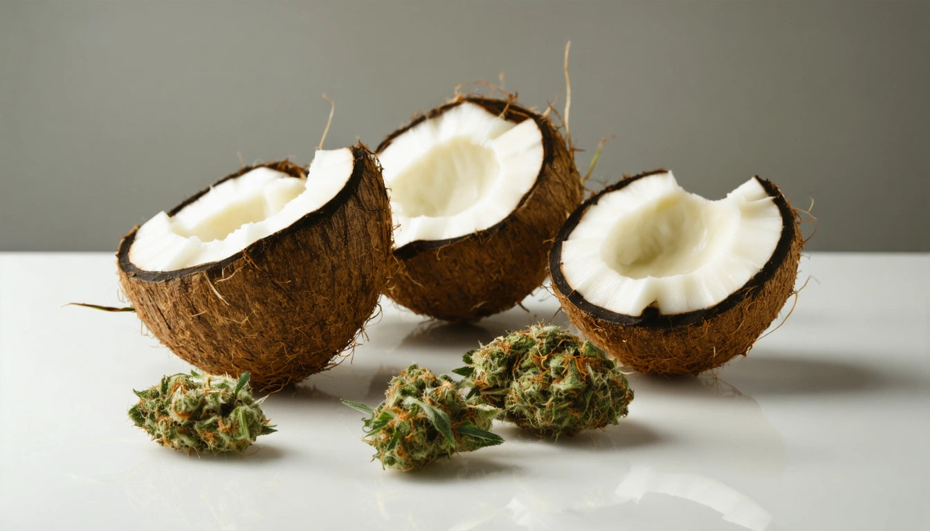 Three halved coconuts and several small green clusters on a glossy white surface against a gray background