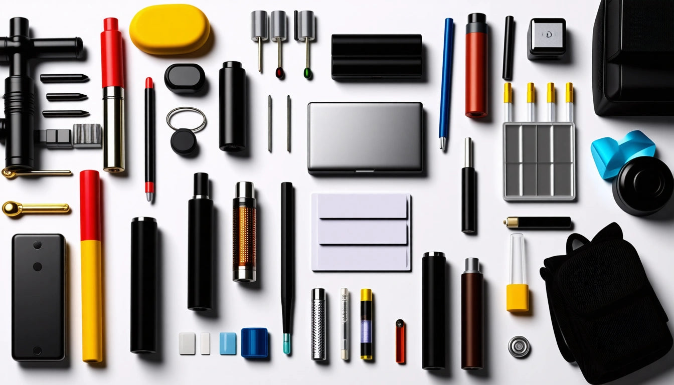 Various tools and containers arranged neatly on a white surface, including bottles, pens, drill bits, and colored caps