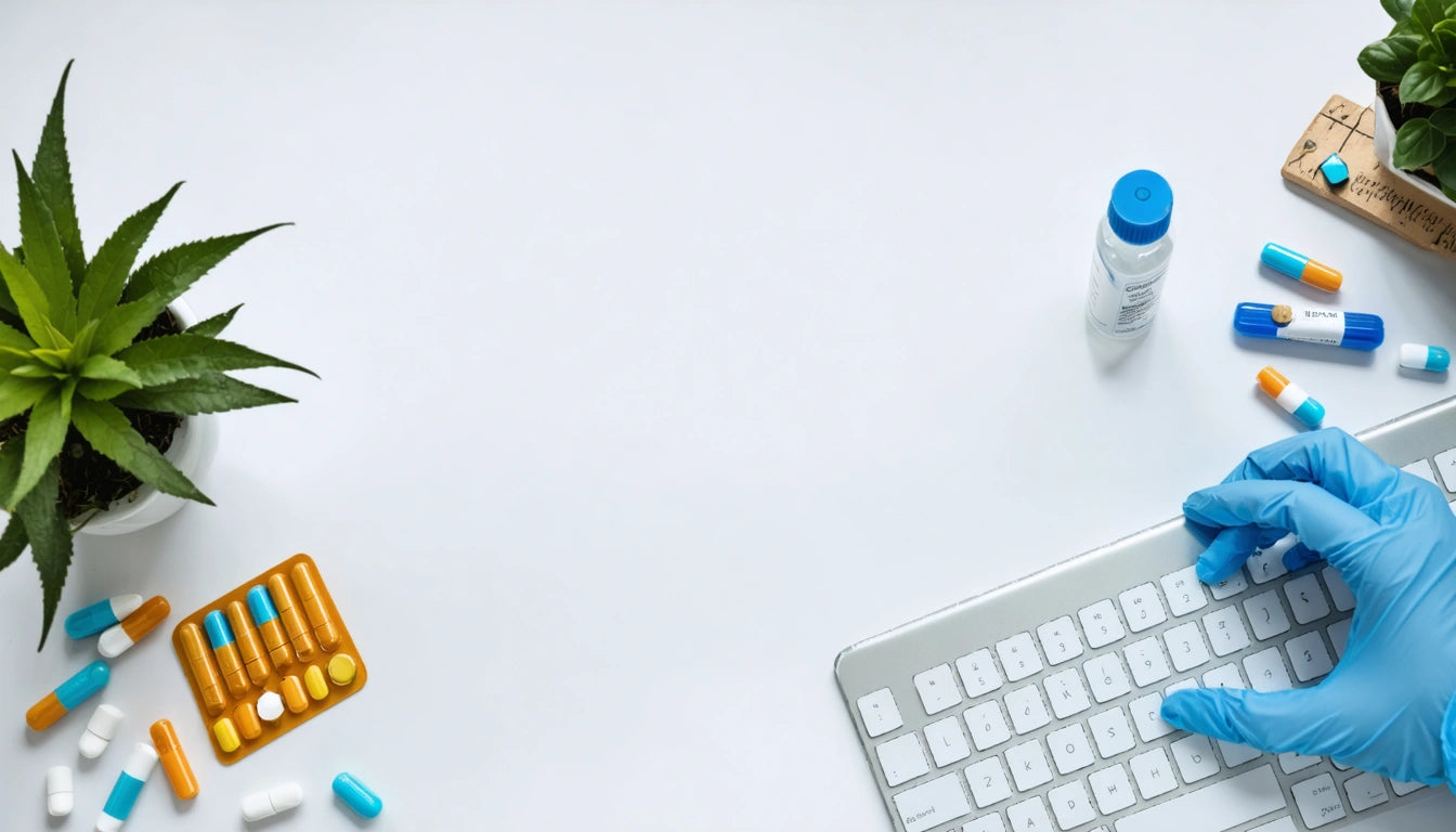 White desk with keyboard, gloved hand, pill bottle, blister pack, scattered capsules, and potted plant