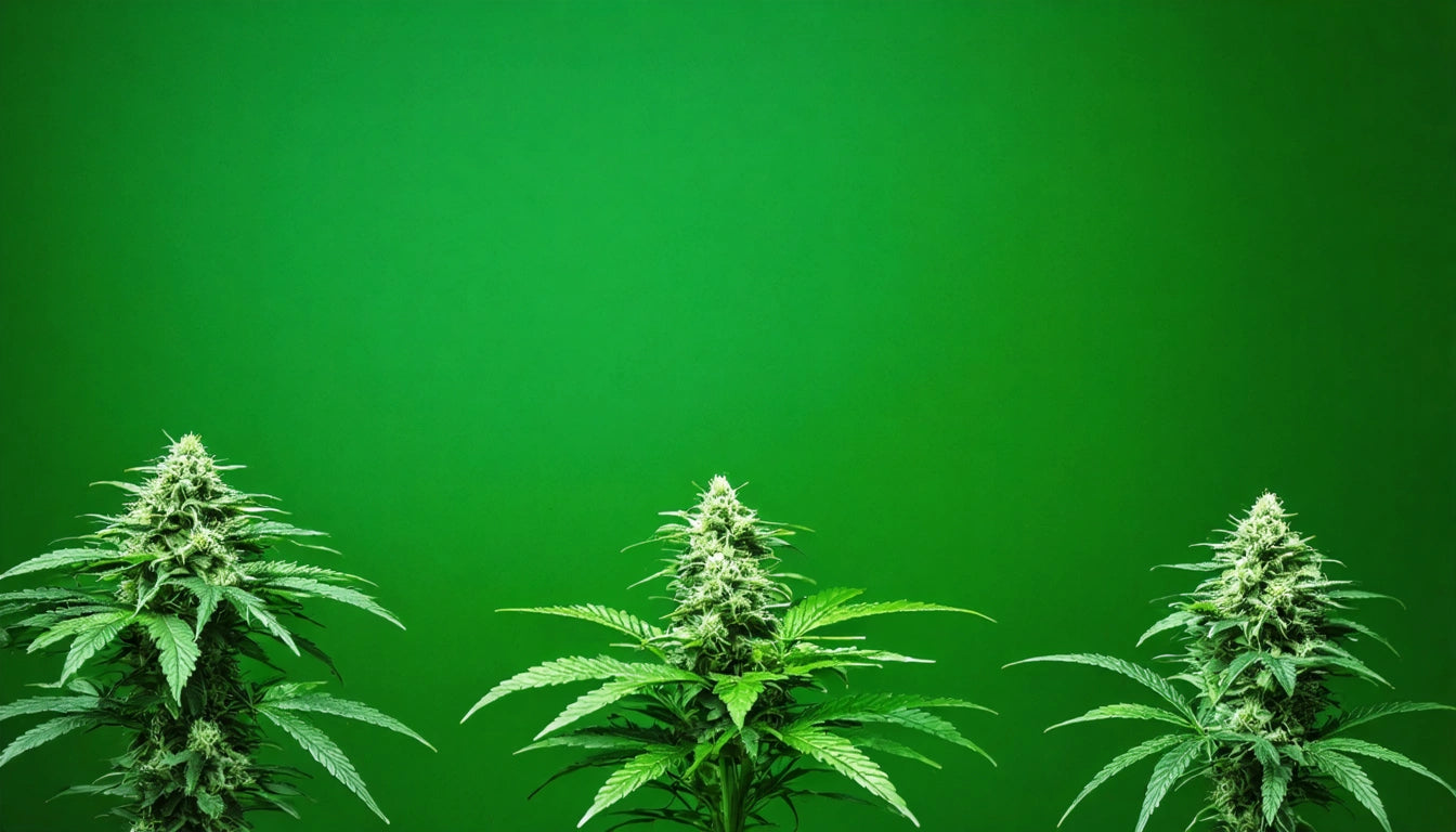 Three green plants with pointed leaves and buds against a solid green background