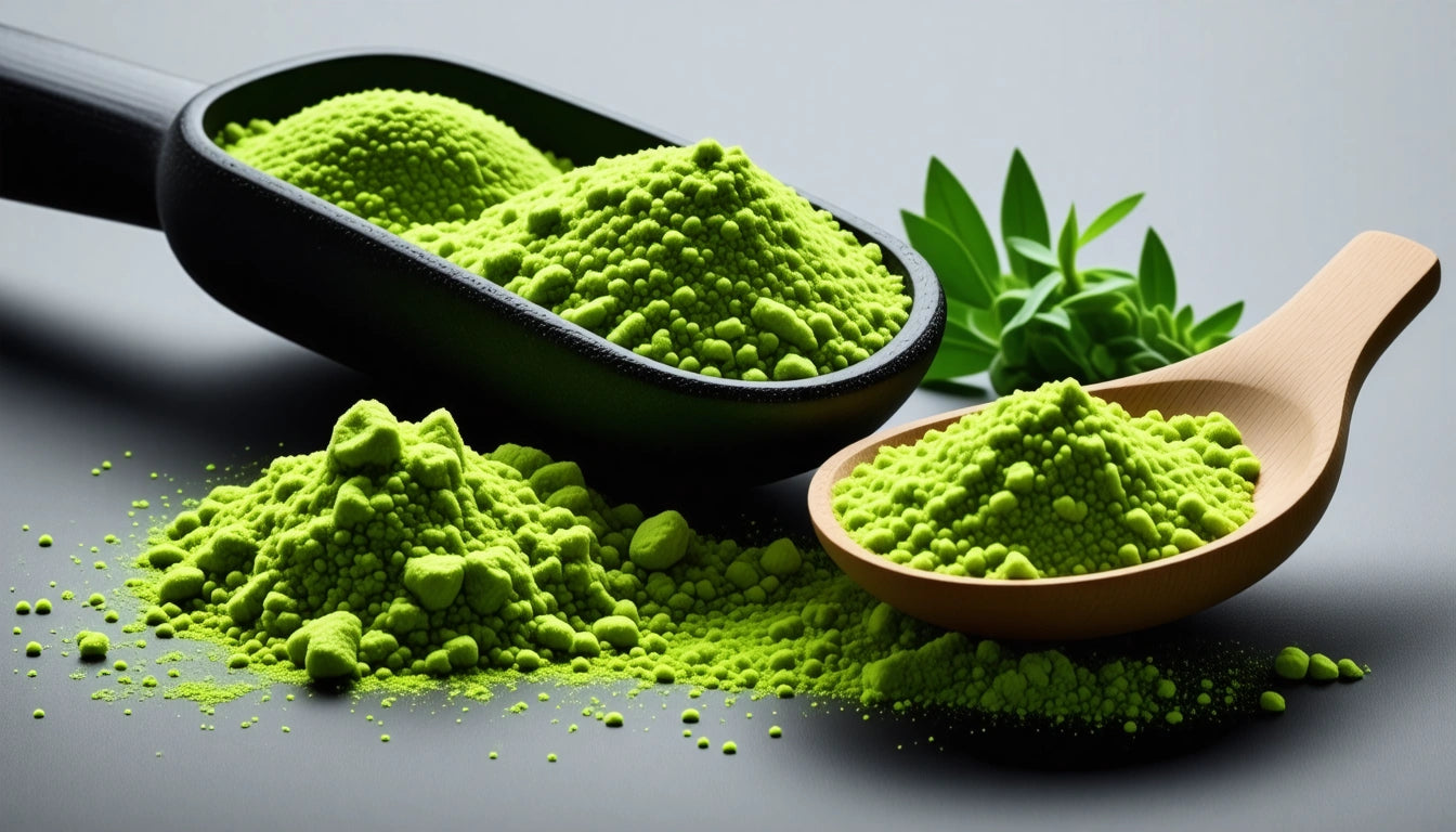 Bright green powder in black and wooden bowls, with green leaves in the background on a gray surface