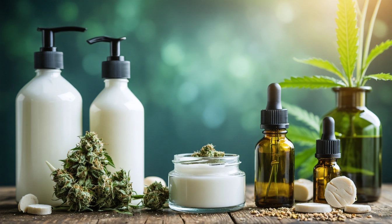 White bottles, amber dropper bottles, and a jar with cream on a wooden surface, surrounded by green leaves and buds