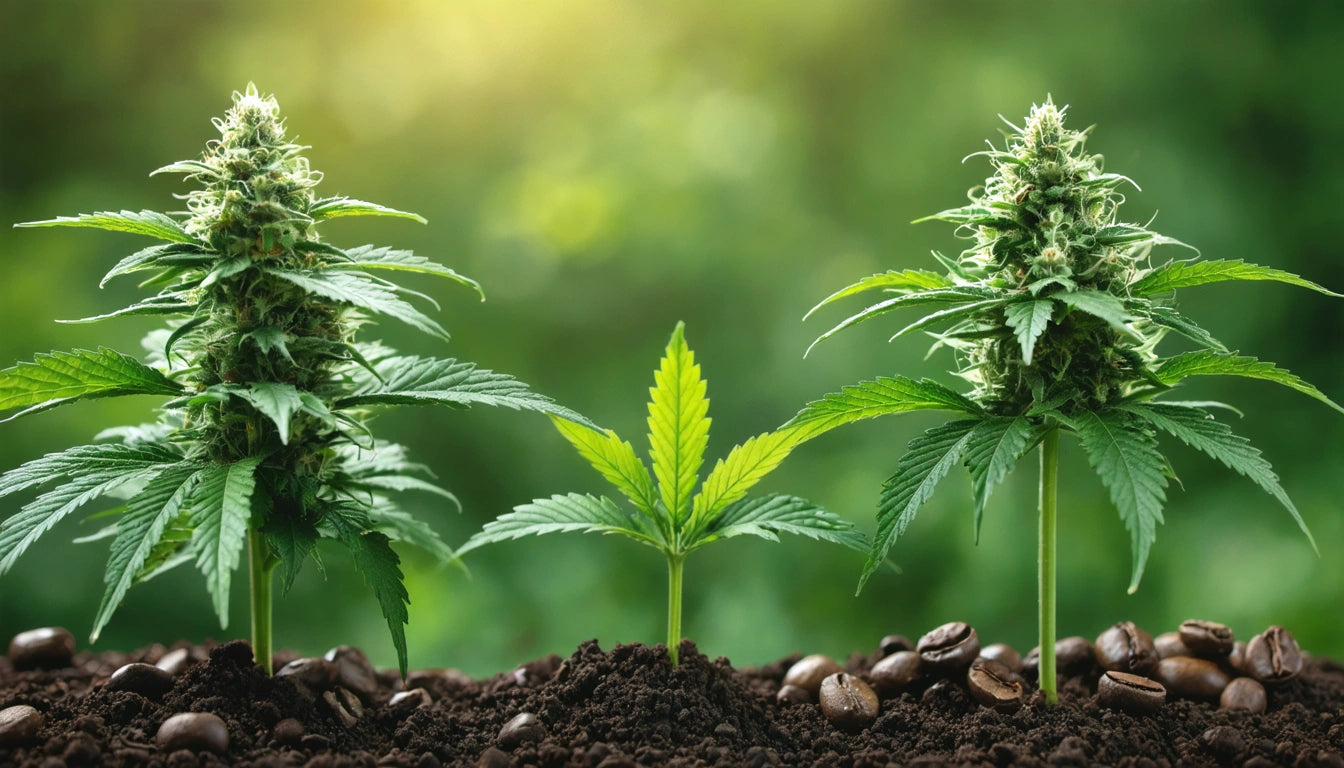 Two tall plants with spiky leaves and buds, one smaller plant between them, soil with scattered coffee beans, blurred green background