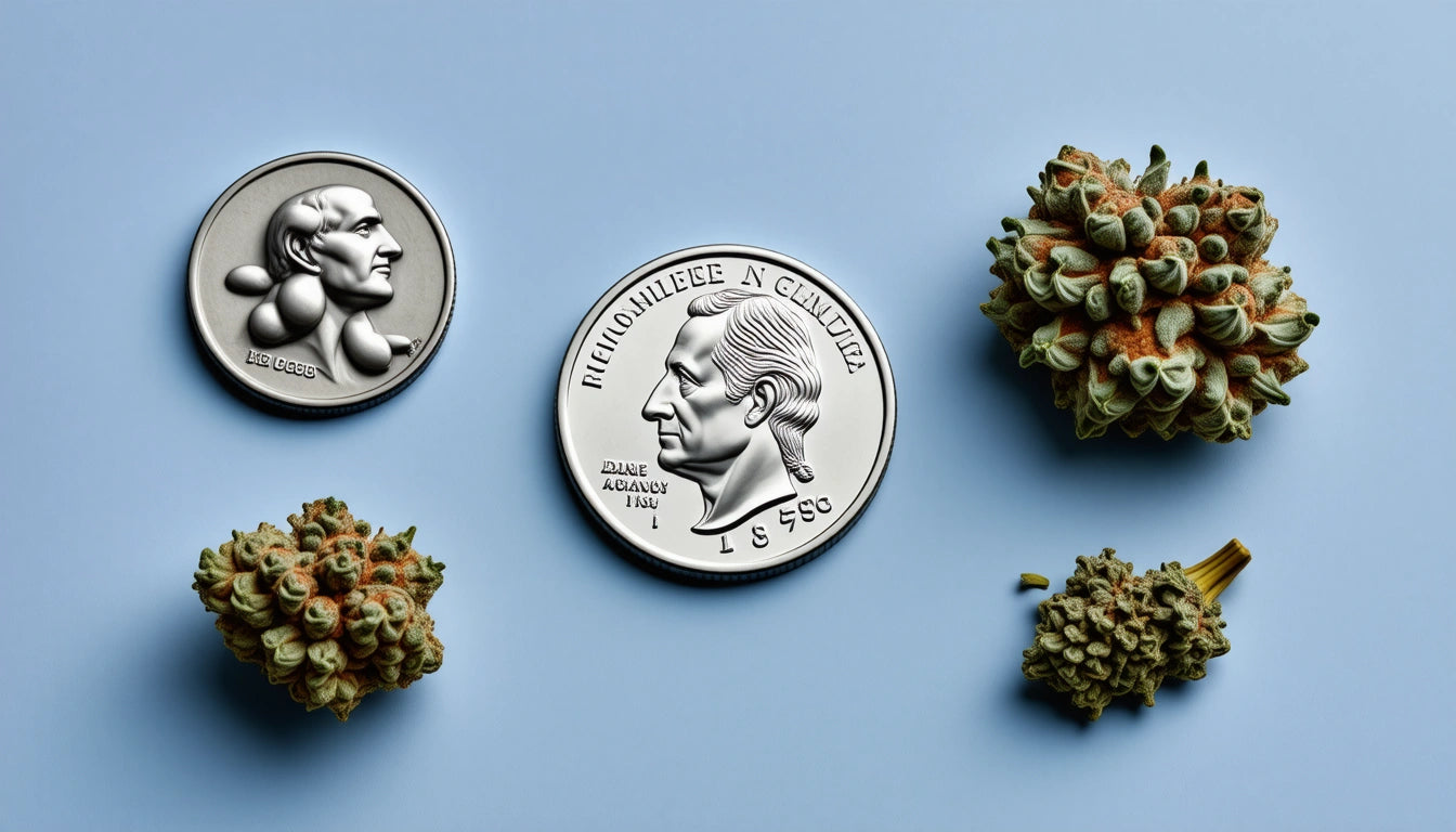Two silver coins with engraved profiles, surrounded by clusters of small, textured green and brown buds on a light blue background