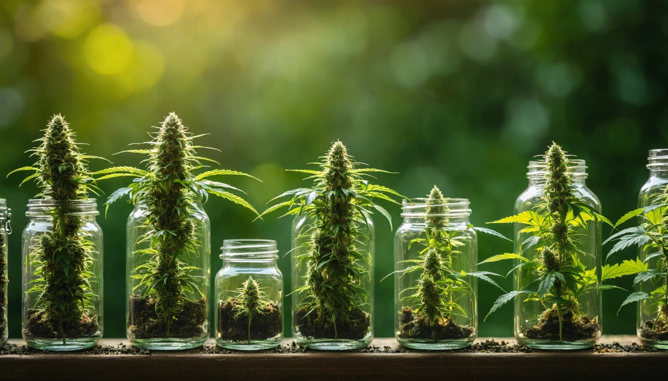 Glass jars lined up on a wooden surface, each containing a green plant with leaves and soil, against a blurred green background