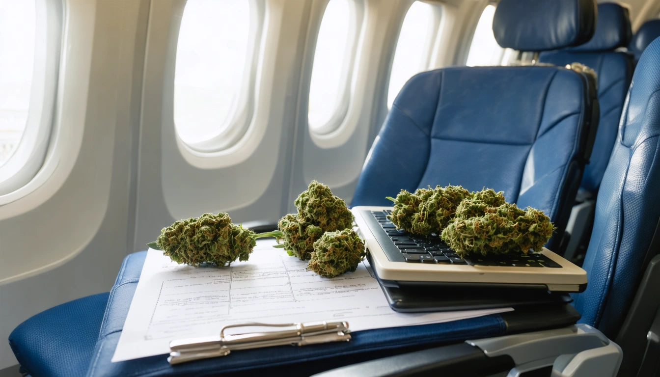 Blue airplane seat with open laptop on tray table, covered with green plant buds, papers, and a pen nearby