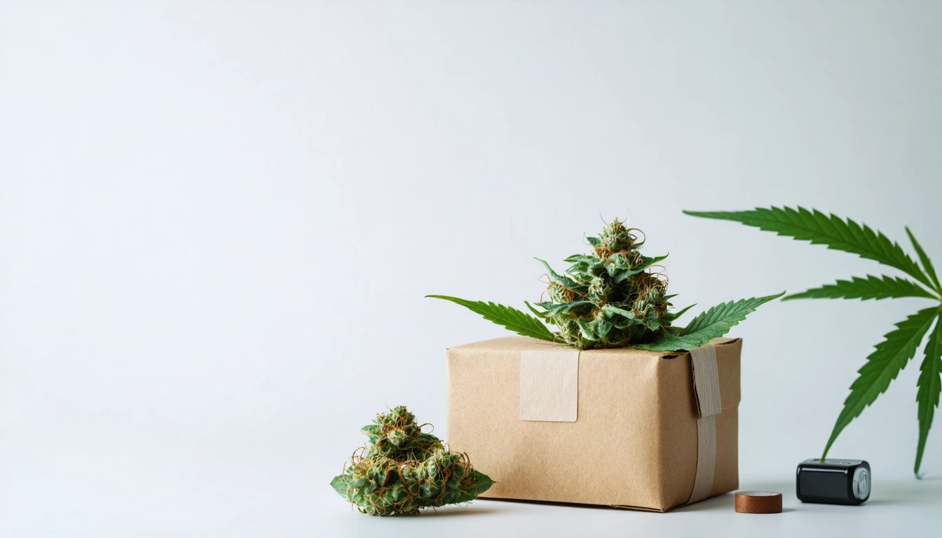 Brown cardboard box with cannabis buds and leaves on top, small black container nearby, white background