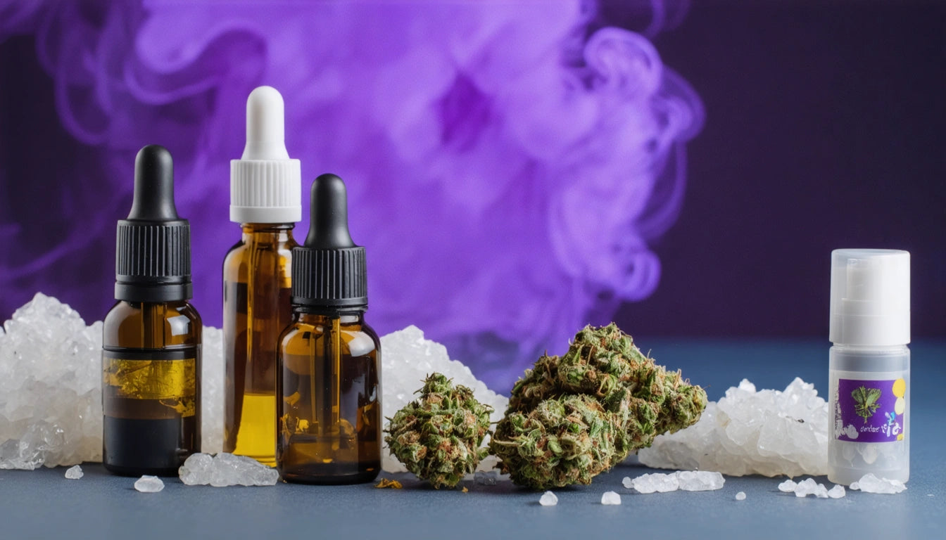 Amber dropper bottles, cannabis buds, and white crystals on a surface with purple smoke in the background