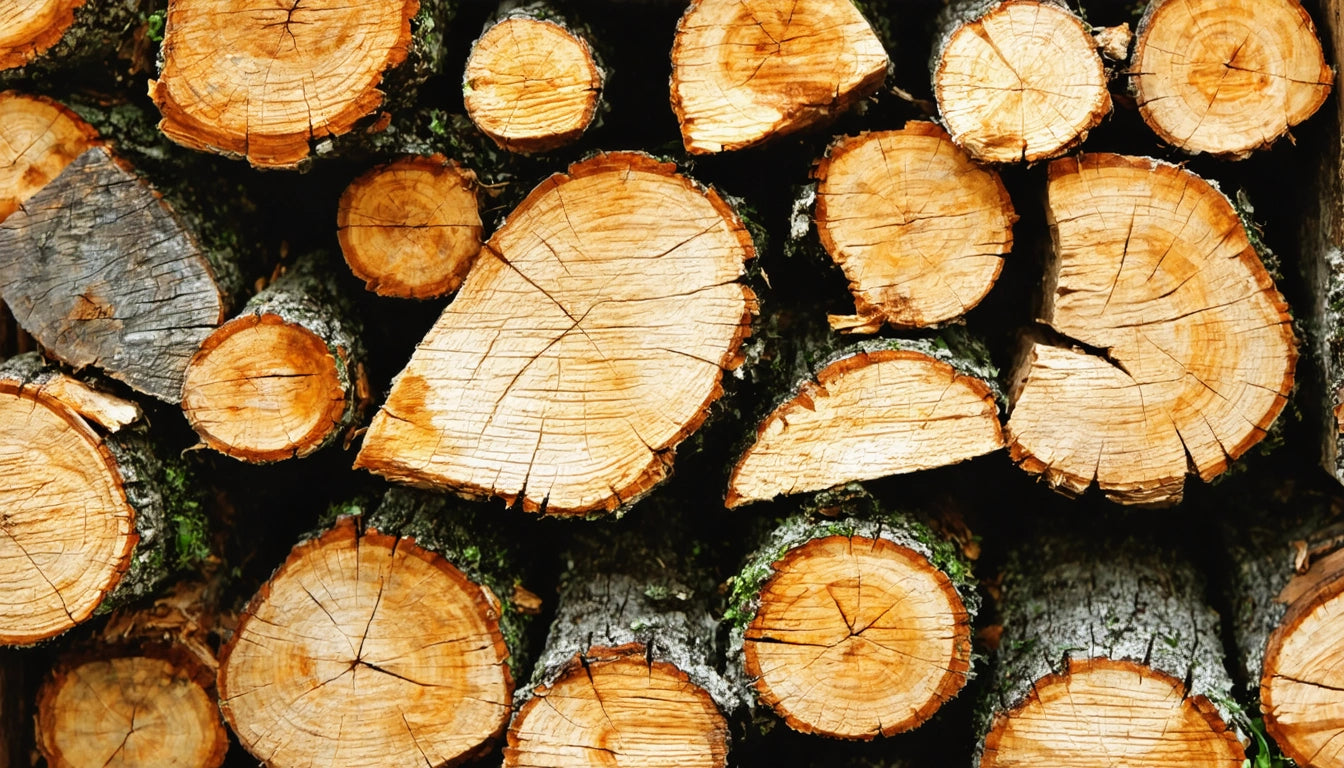 Stacked logs with visible tree rings and rough bark, varying in size and shape, with some green moss on the bark