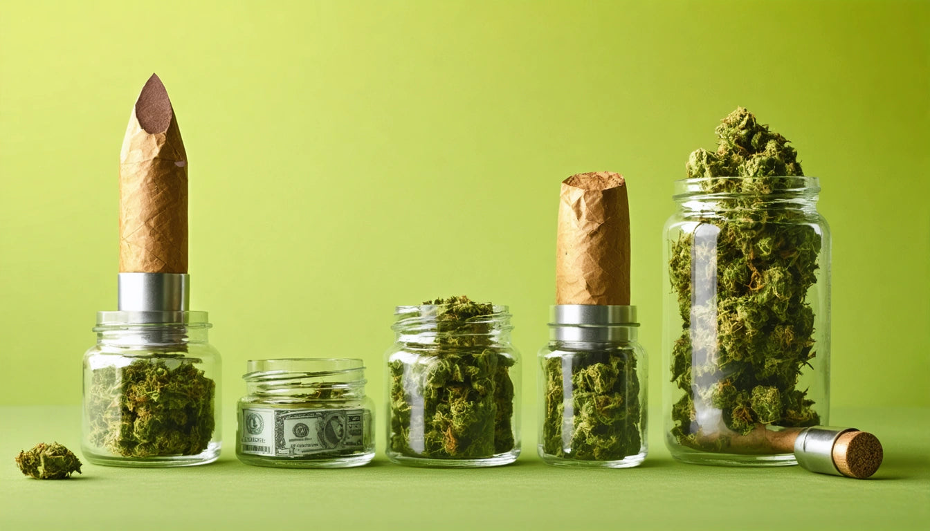 Five glass jars filled with green plant material, two with brown paper-wrapped tops, one with a dollar bill, on a green background