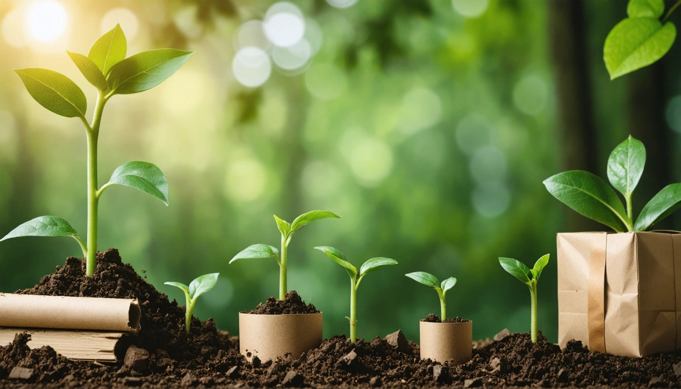 Young green plants growing in soil with paper pots, blurred green background, sunlight filtering through leaves