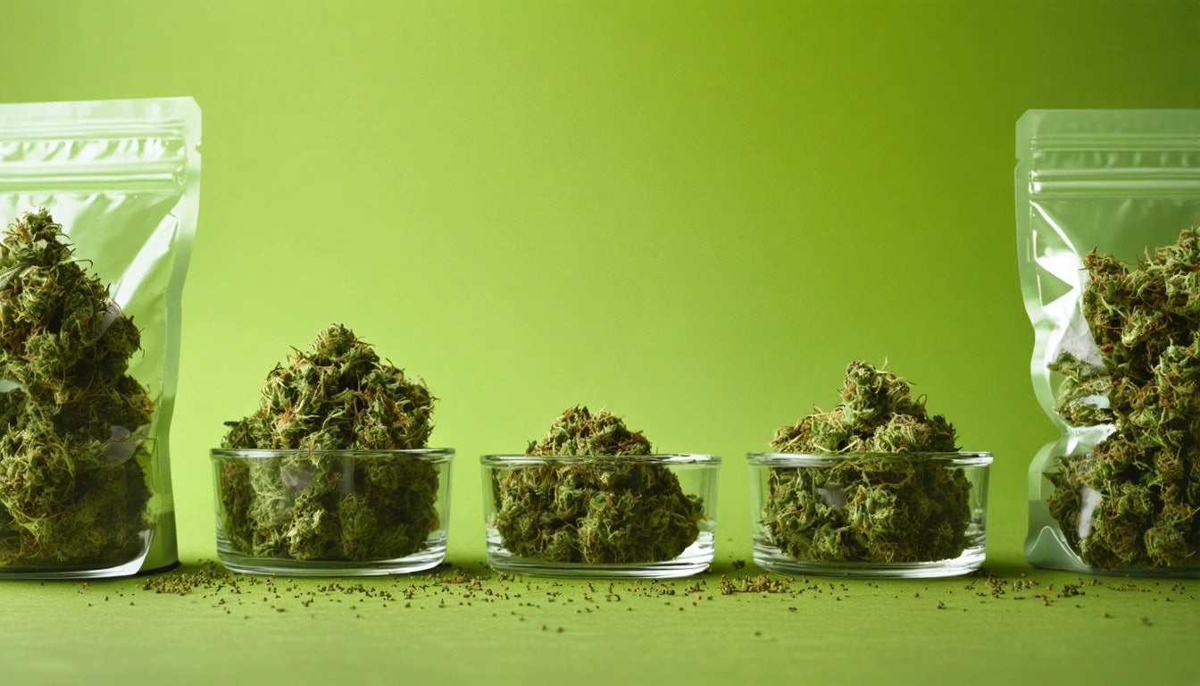 Four glass bowls filled with green plant buds on a green background, with a clear plastic bag on each side