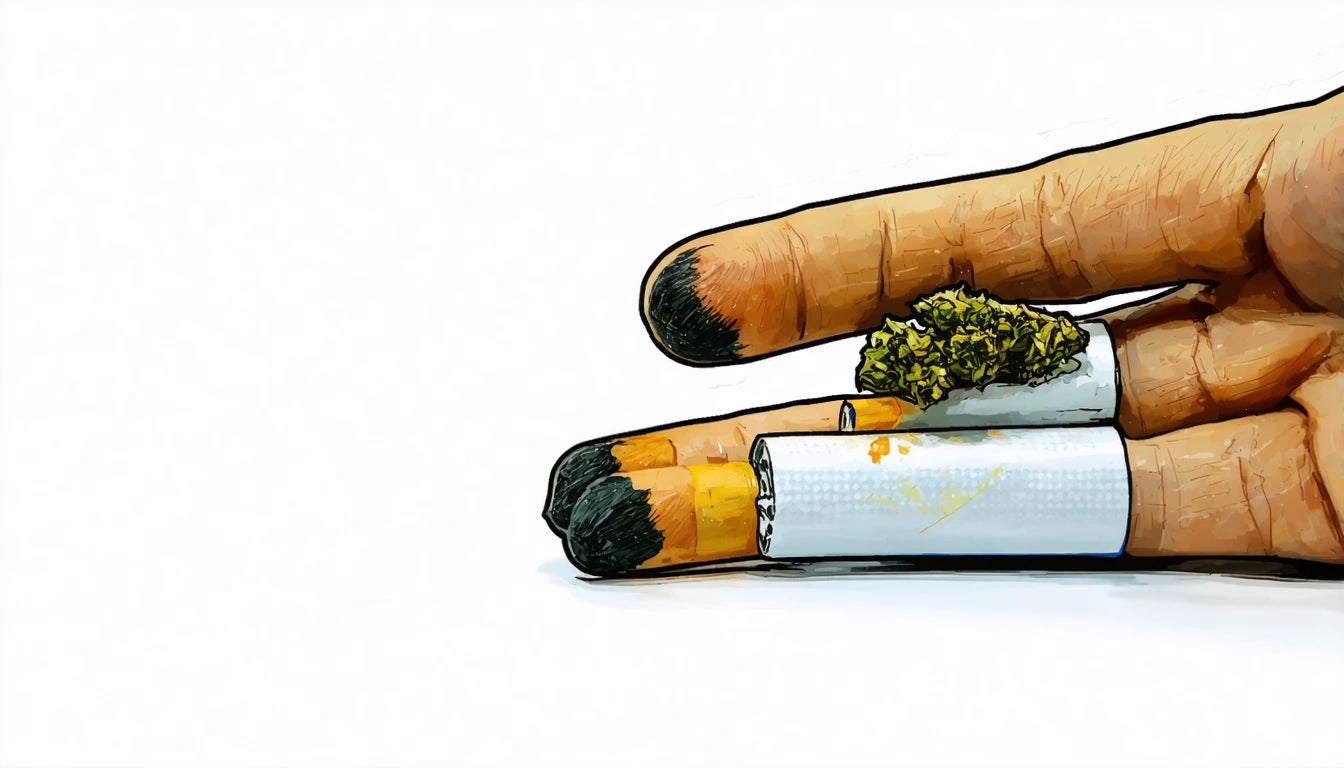 Two fingers with blackened tips holding a cigarette and a small pile of green herbs on a white background