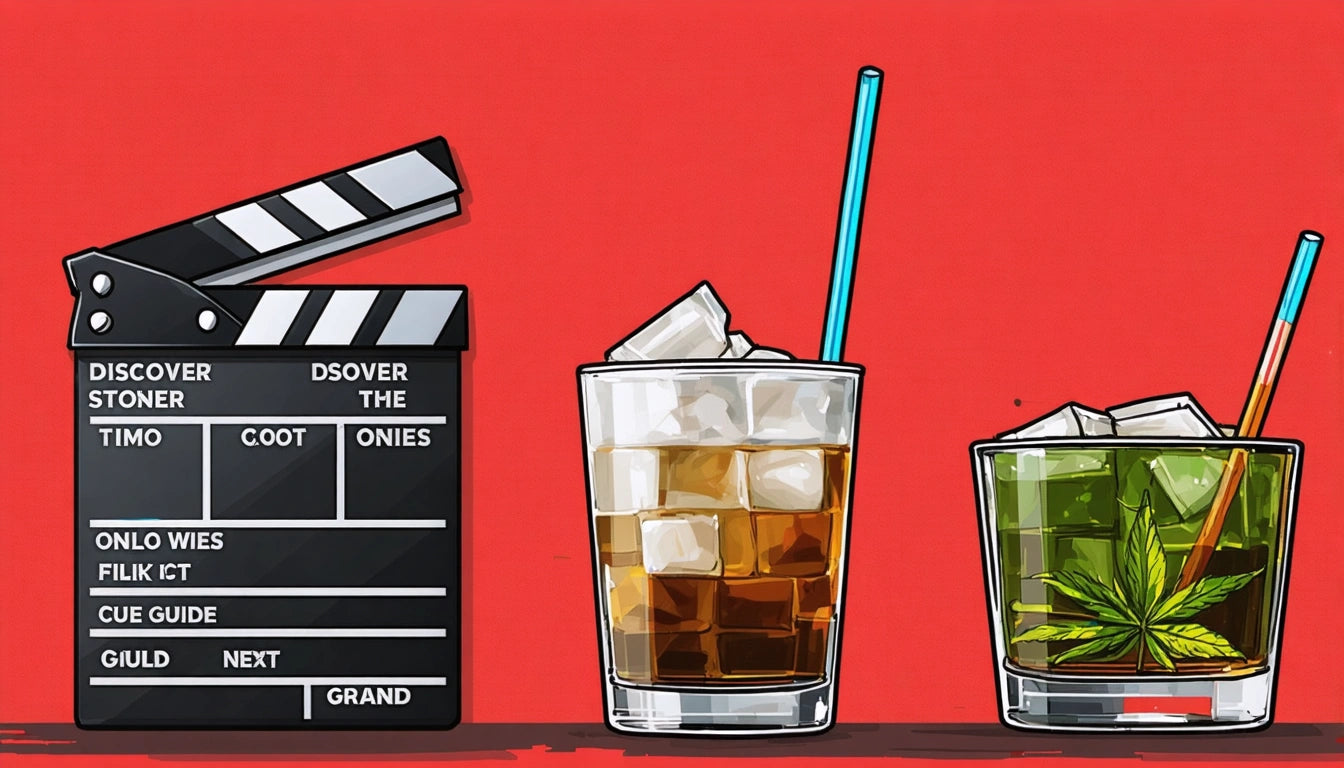 Clapperboard with text, two glasses with ice; one with brown liquid and blue straw, the other with green liquid and leaf