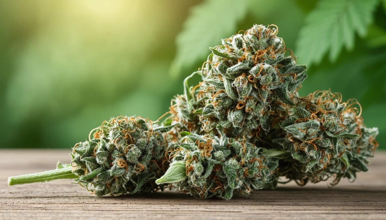 Green, textured plant buds with orange strands on a wooden surface, blurred green foliage in the background