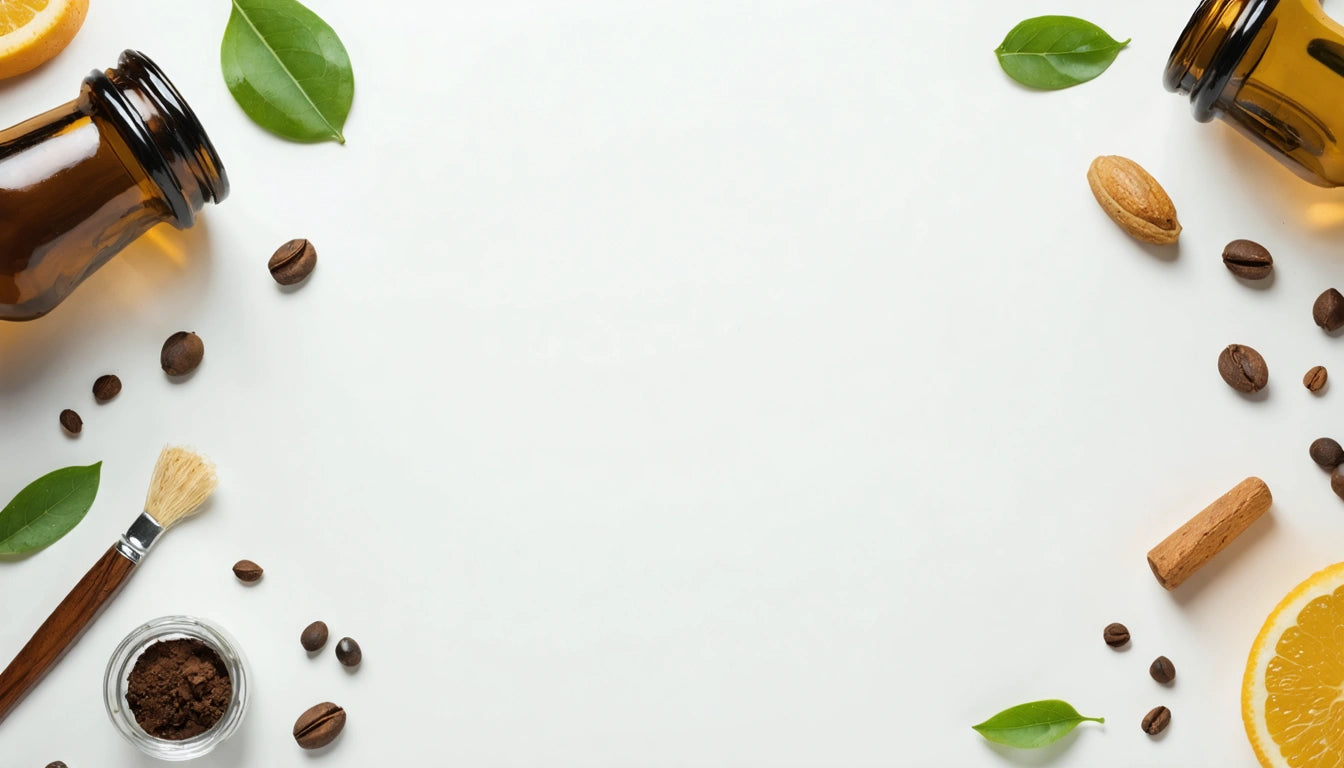 Brown bottles, green leaves, coffee beans, and a brush frame a white background