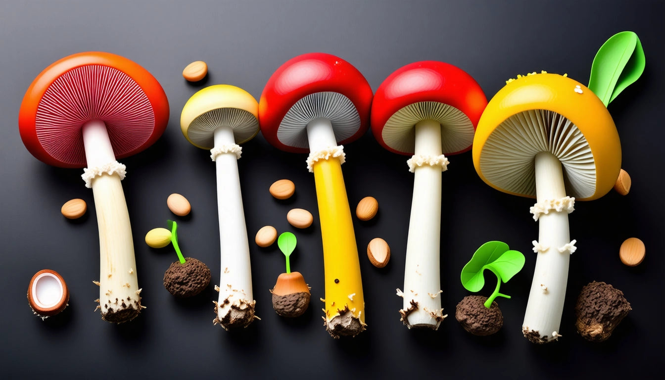 Colorful mushrooms with red and yellow caps, white stems, surrounded by small brown soil clumps and green sprouts on dark background