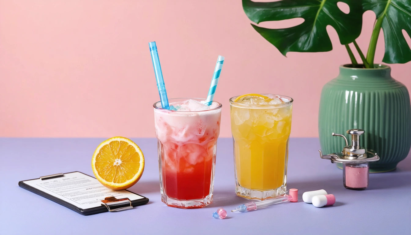 Two colorful drinks with straws, a sliced orange, clipboard, scattered pills, and a green vase with a large leaf
