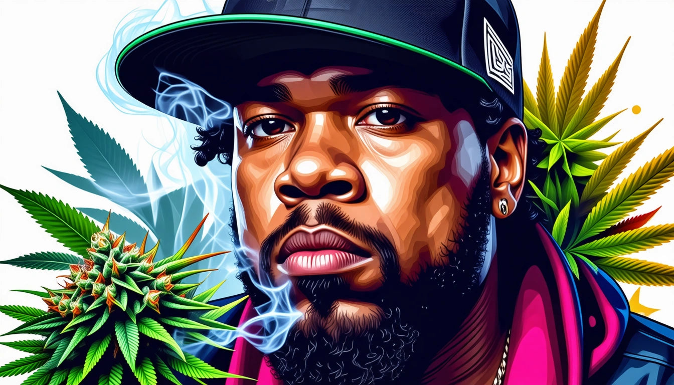 Man with a beard and hat surrounded by green leaves and smoke, wearing a pink-collared jacket against a white background