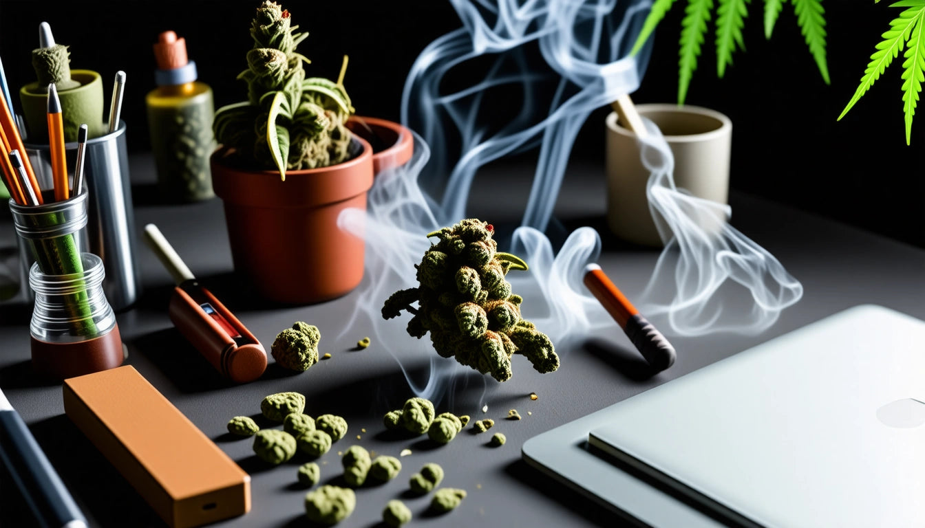 Potted plant with buds on desk, smoke swirling, pencils in holder, closed laptop, and green leaves in background
