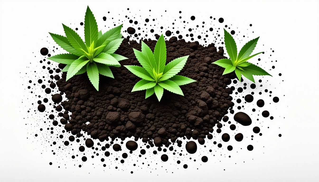 Three green plants with pointed leaves growing in dark soil, surrounded by scattered soil particles on a white background