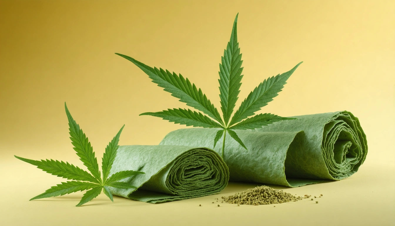 Green leaves and rolled green sheets on a yellow background, with small piles of green powder nearby