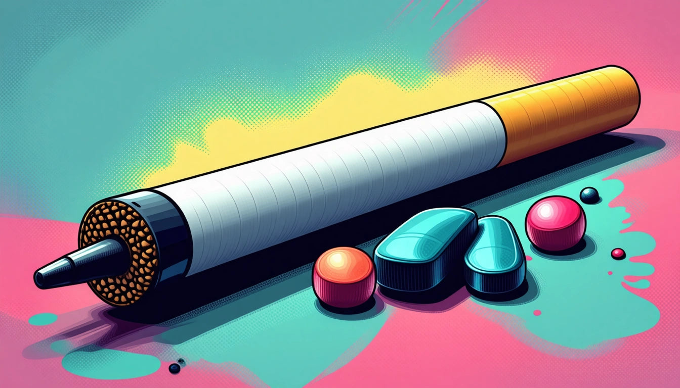 Colorful pen and pills on vibrant pink and teal background with yellow accents