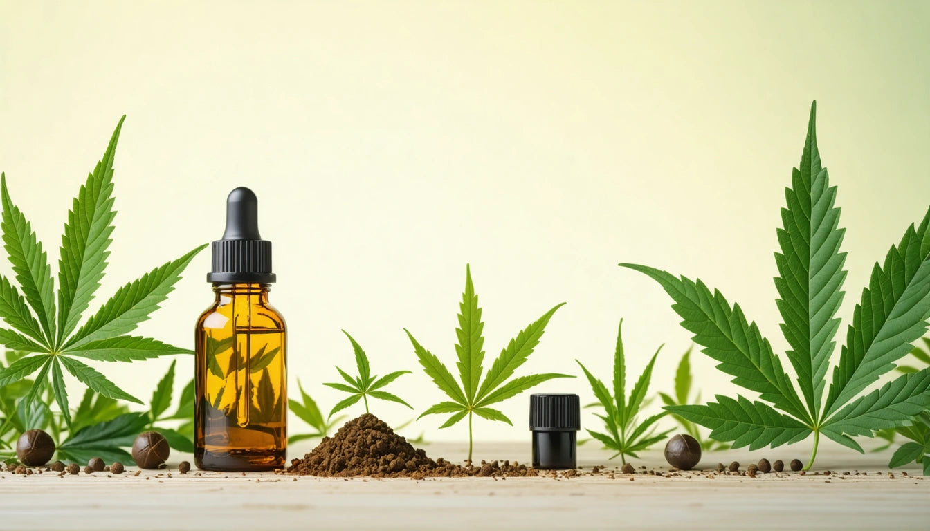 Amber dropper bottle, cannabis leaves, soil mound, and black cap on wooden surface, light green background