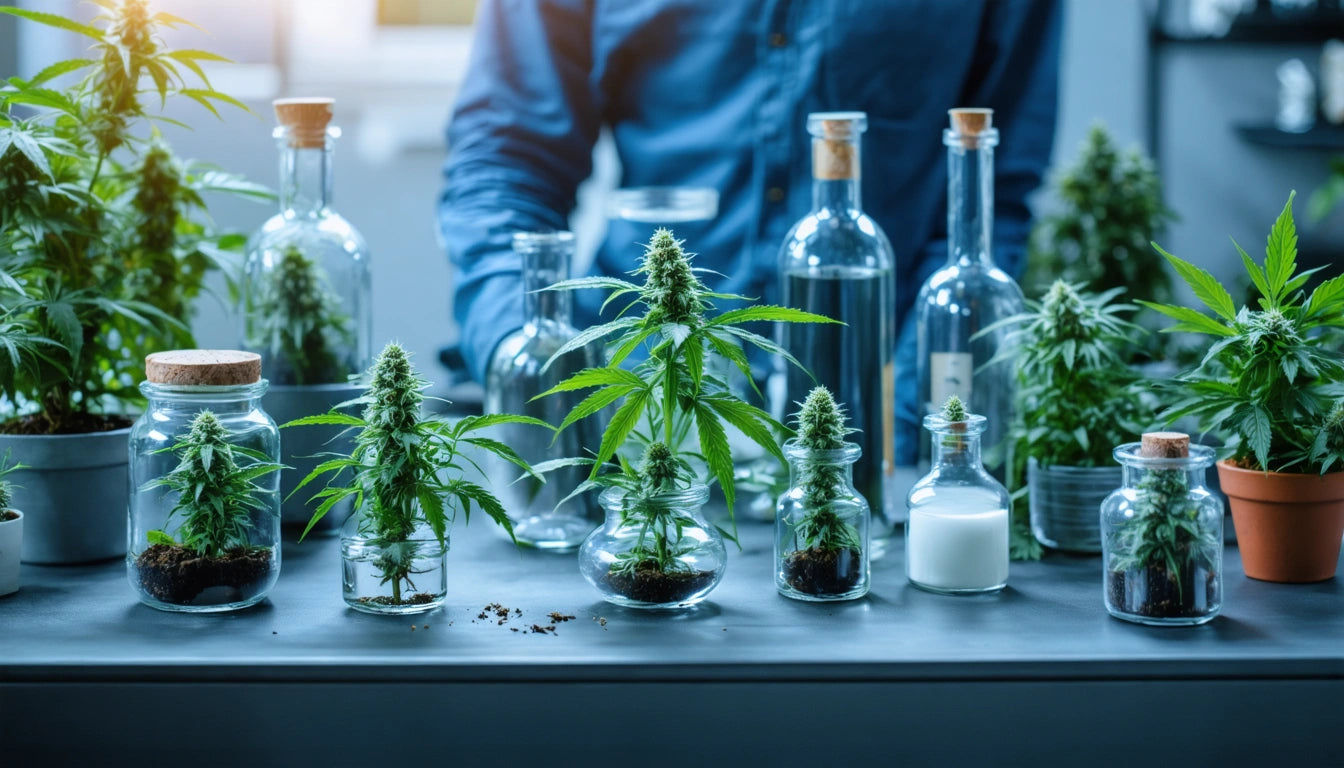 Various glass jars and bottles with cannabis plants and soil on a table, person in blue shirt standing in the background