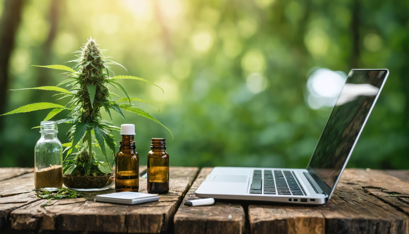 Laptop on wooden table next to cannabis plant, glass jars, and bottles, with blurred green foliage background