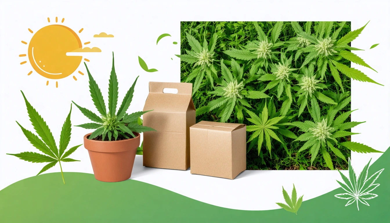 Potted plant with green leaves next to two cardboard boxes, sun illustration, and leafy background
