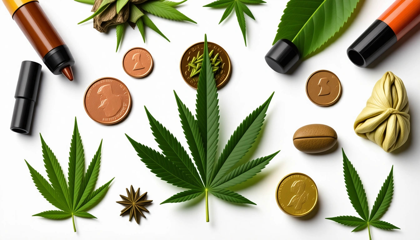 Various green leaves, coins, and pen caps scattered on a white surface