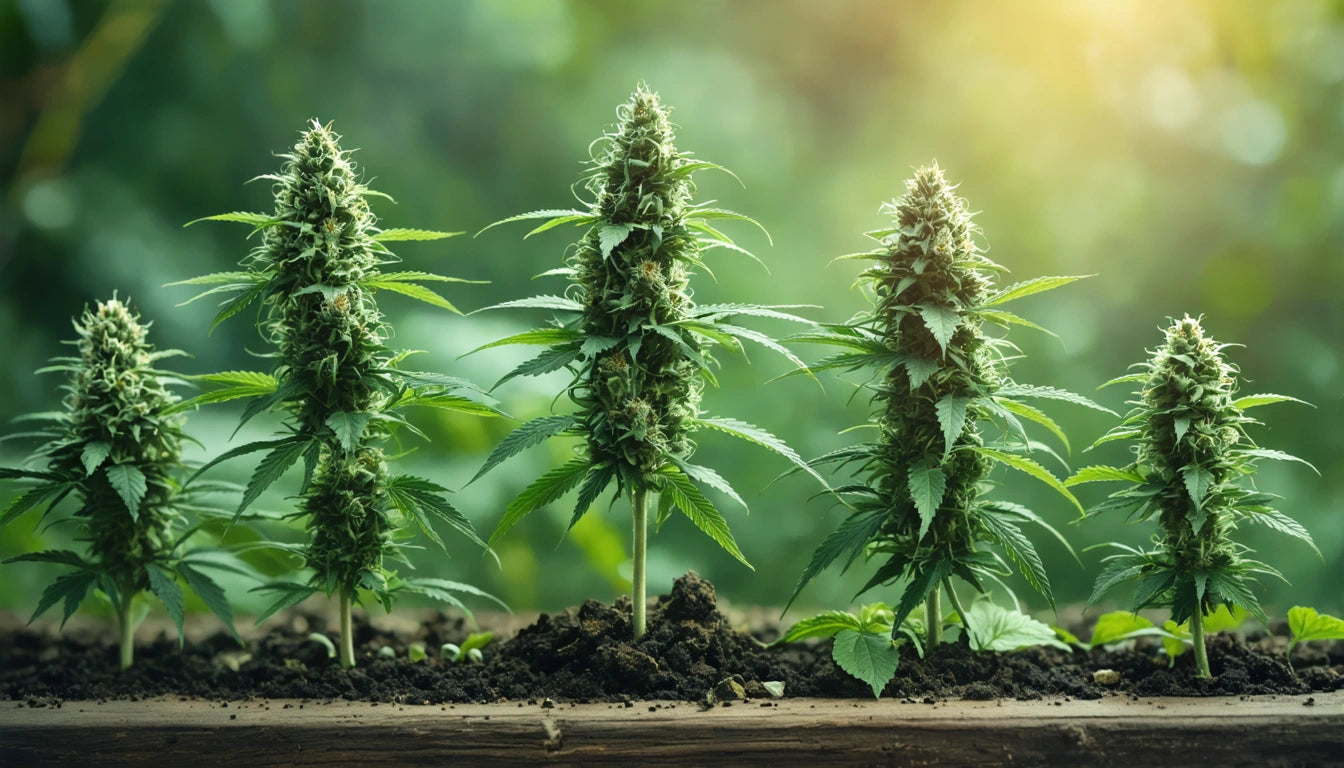 Four tall, green plants with dense clusters of leaves and buds, growing in soil, with sunlight filtering through a blurred background