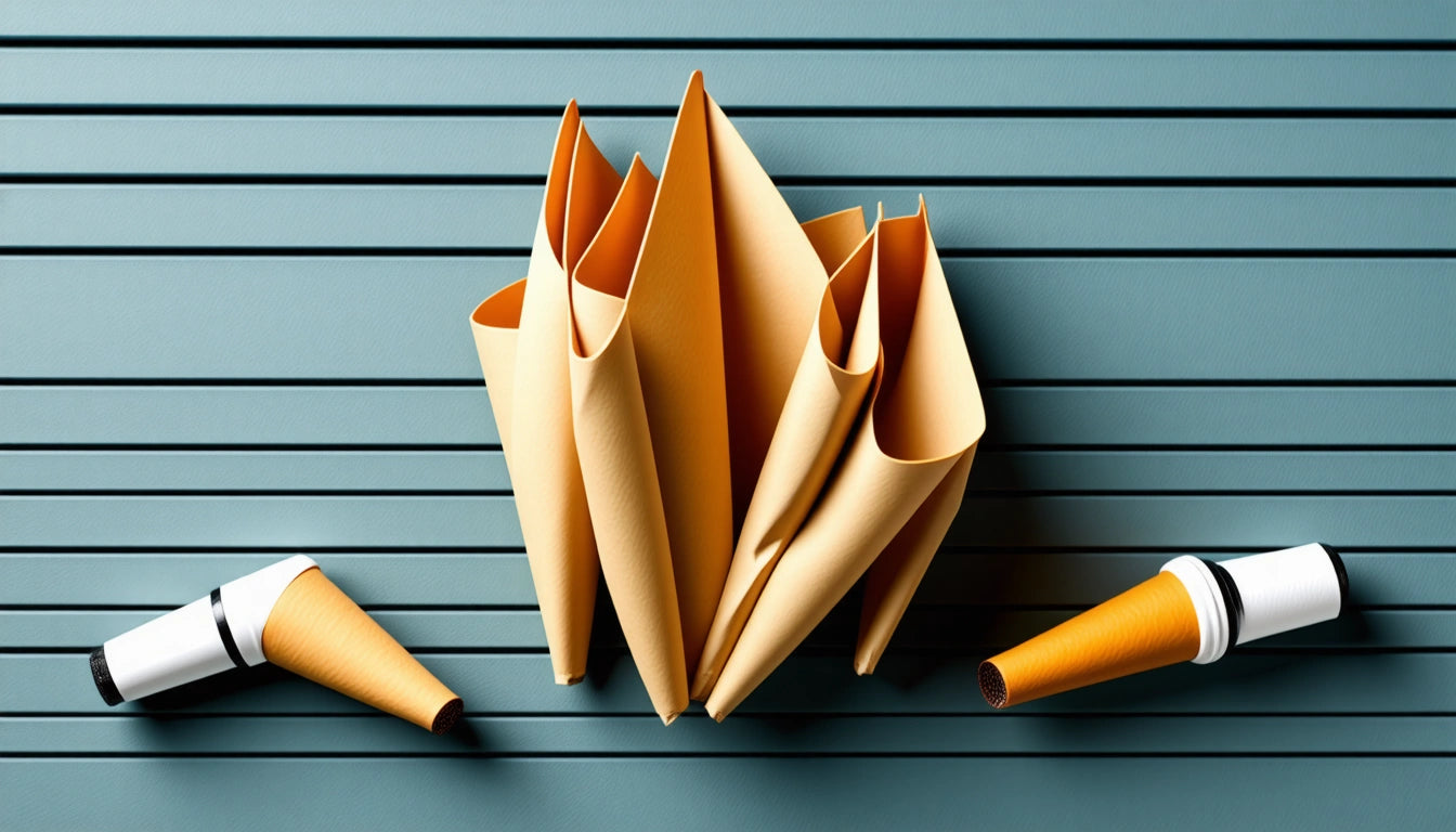 Folded orange paper cones and shapes on a blue striped surface, with two cones lying on either side