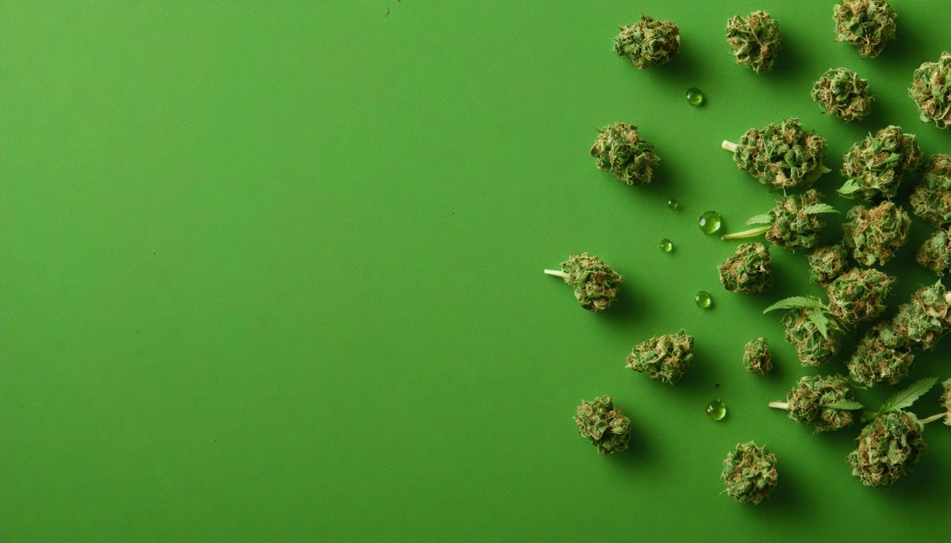 Green buds scattered on a green background with small droplets nearby