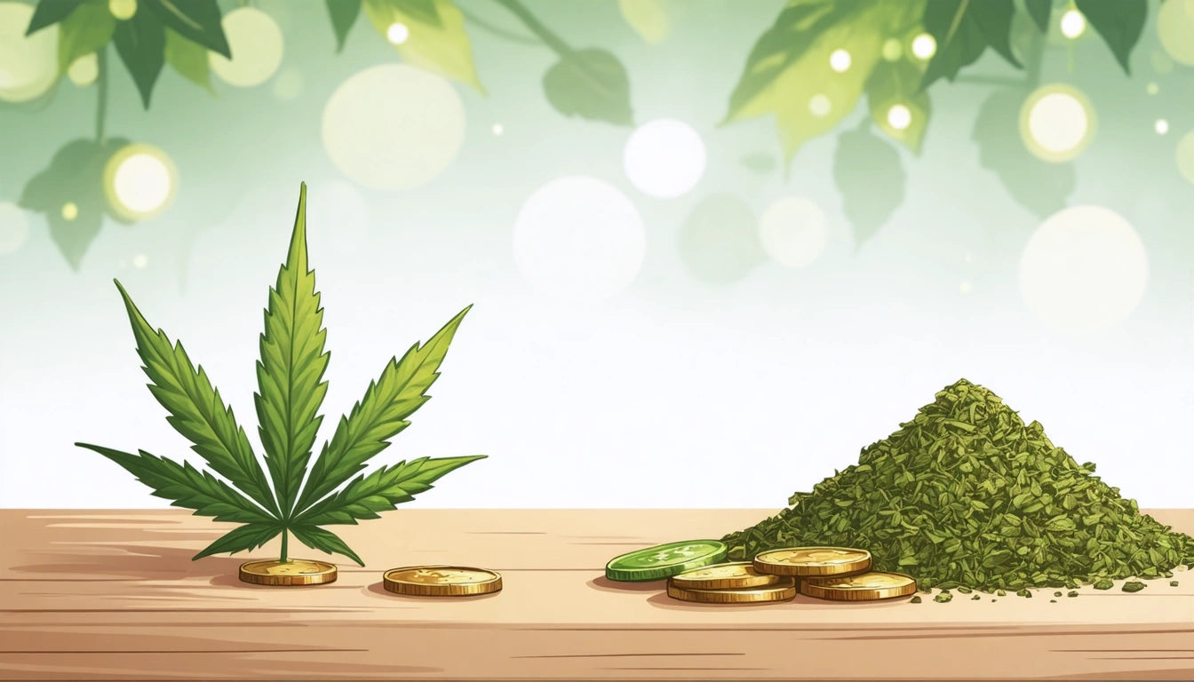 Cannabis leaf and gold coins on wooden surface, with a pile of dried green herbs; leafy background with circular light spots