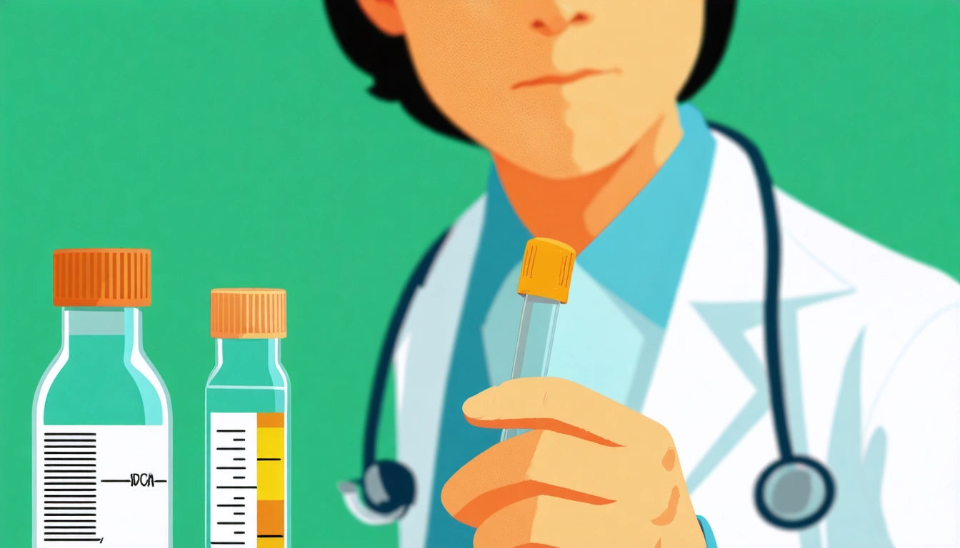 Person in white coat holding a test tube with an orange cap, two other test tubes with labels in the foreground, green background
