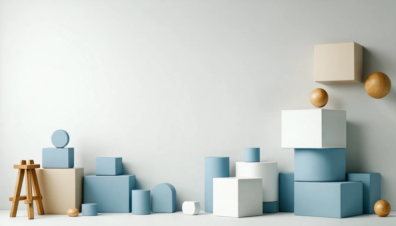 Blue and white geometric shapes stacked against a white wall, with a wooden stool on the left and a wooden sphere on the right