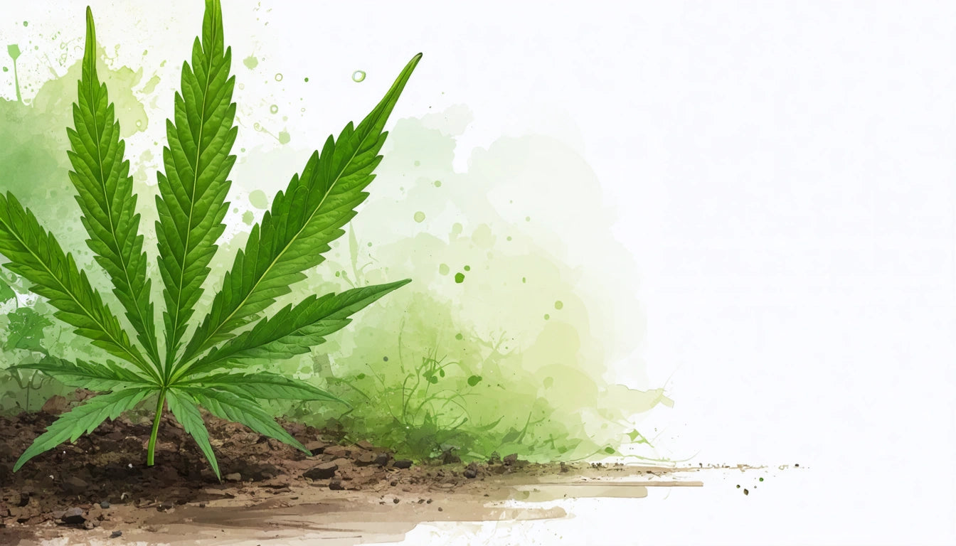 Green cannabis leaf with soil at the base, watercolor splashes in shades of green on a white background