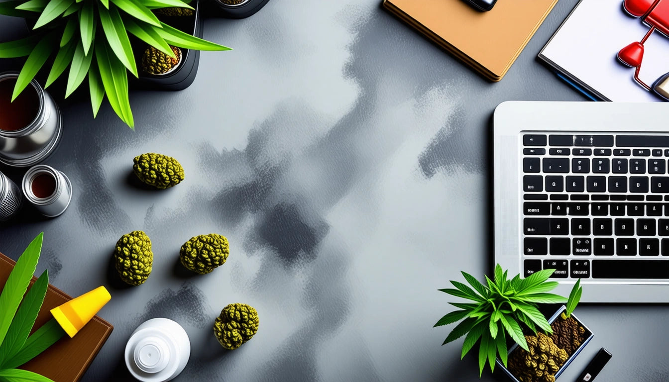 Laptop, notebooks, and glasses on desk with green plants and pine cones scattered on gray surface